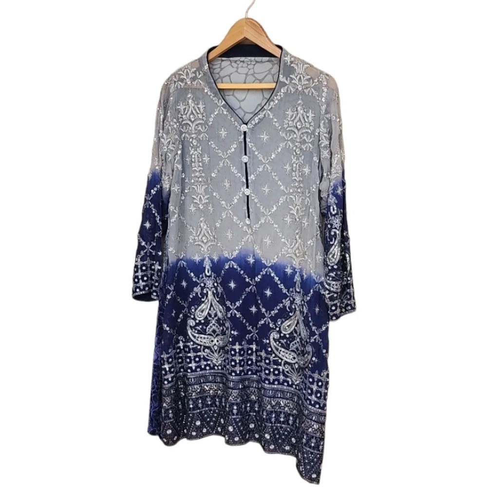 BOLLYWOOD Kurti Silk Dress Tunic L Embroidered DUBAI Custom Wedding Top Y2K - Picture 6 of 16